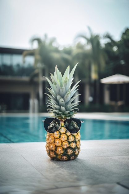 Fruits d'été Ananas drôle portant des lunettes de soleil près d'une piscine Concept de vacances Generative AI