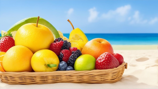 Des fruits d'été frais dans un panier multicolore avec un fond de plage par Generative AI