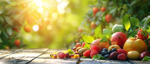 Photo des fruits d'été frais et sains avec une toile de fond naturelle sur une surface en bois un concept de multivitamines avec une toille naturelle ia générative