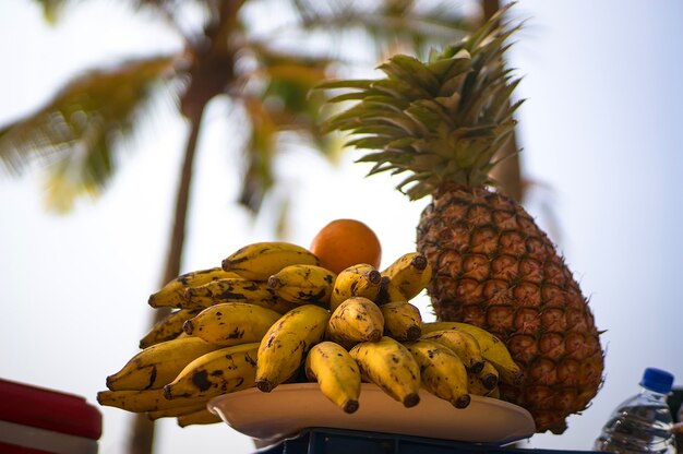 Fruits Exotiques Sur Fond De Palmiers Et Du Rivage. Un Pique-nique Dans Un Pays Tropical Sur La Plage.