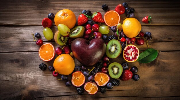 Fruits sur fond de bois en forme de coeur