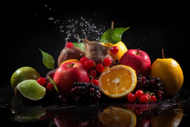 Fruits sur fond noir avec des éclaboussures d'eau