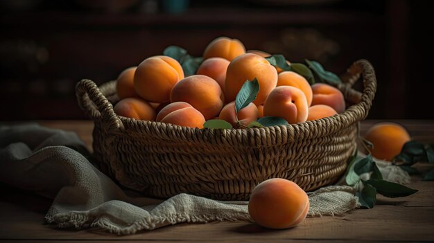 Fruits frais d'abricot dans un panier en bambou avec le fond de tache