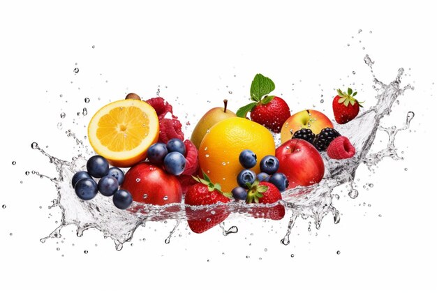 Fruits frais assortis avec des éclaboussures d'eau isolées sur un fond blanc