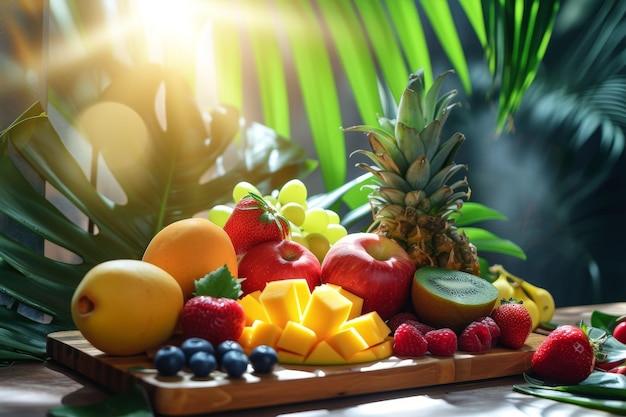 Des fruits frais assortis sur une table à la lumière du soleil