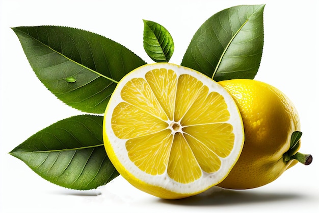 Fruits frais au citron avec feuilles, illustrations.