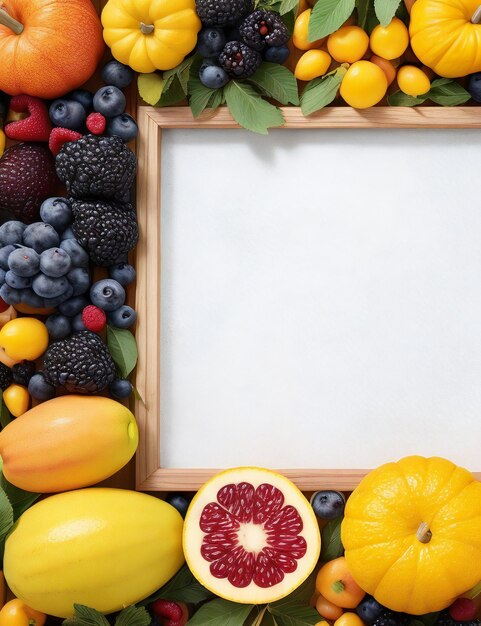 Photo des fruits frais et des baies sur une table en bois à plat. espace pour le texte.