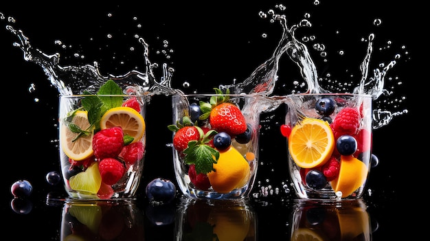 fruits frais et baies tombant dans l'eau