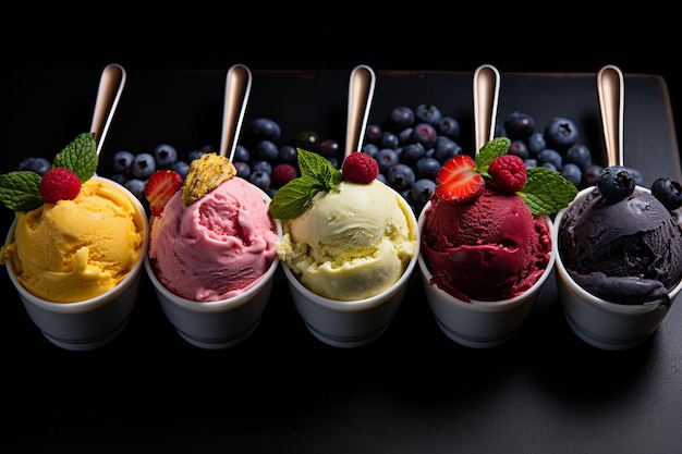 Fruits frais avec des boules de crème de vanille et de glace aux fraises à l'arrière-plan