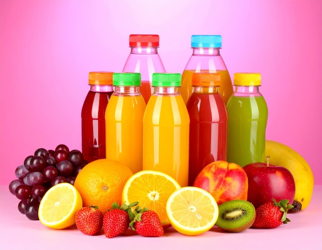 Fruits frais et bouteilles de jus colorés sur fond rose raisins baies oranges pommes plus