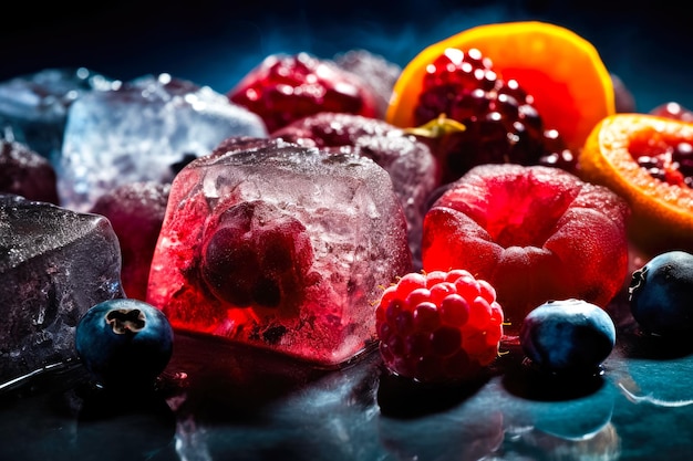 Des fruits frais congelés dans des cubes de glace Manger sain et frais en été Ai génératif