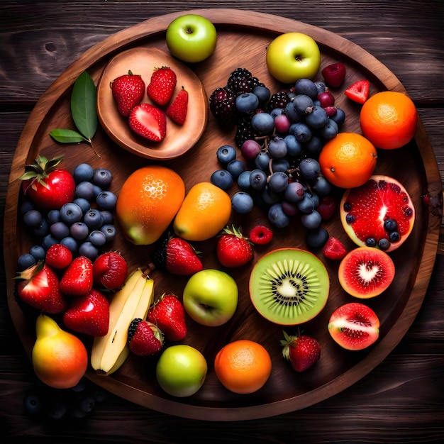 des fruits frais délicieux sur un plateau en bois
