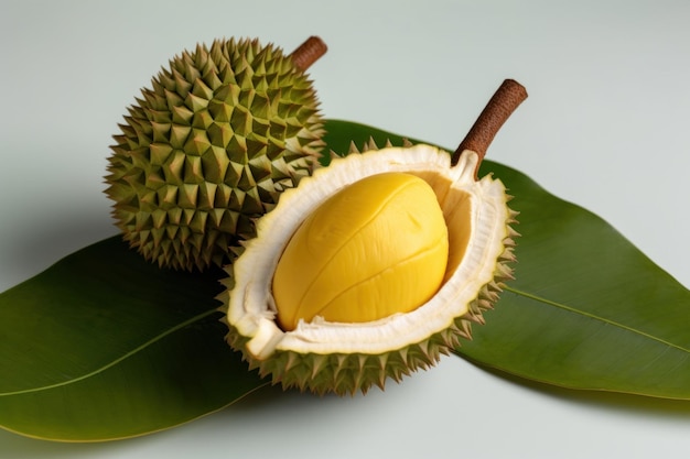 Fruits frais durian avec feuille verte sur fond blanc Fruits tropicaux