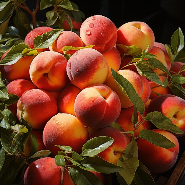 Photo fruits frais exposant des pêches fraîchement cueillies