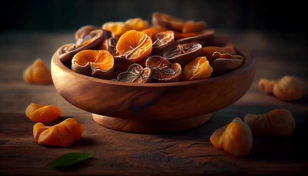 Fruits frais de kaki avec des feuilles dans un bol en bois sur fond sombre ai générative