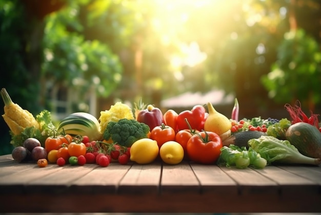 Fruits frais avec des légumes frais sur table en bois avec arrière-plan flou de jardin et ai générative de la lumière du soleil