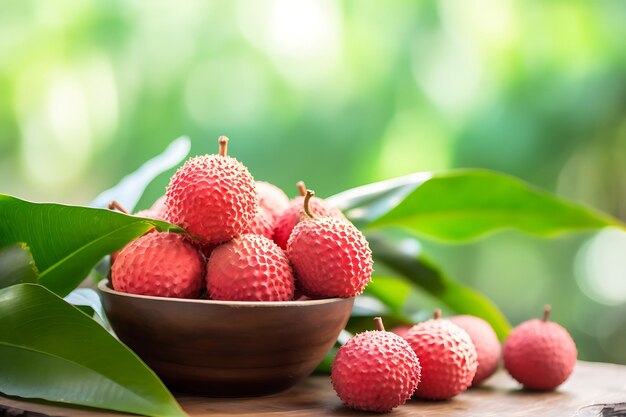 Fruits frais de litchi avec des feuilles dans un bol