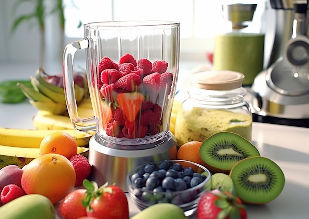 Photo fruits frais mûrs et baies pour une boisson de petit déjeuner saine avec mixeur sur table de cuisine légère