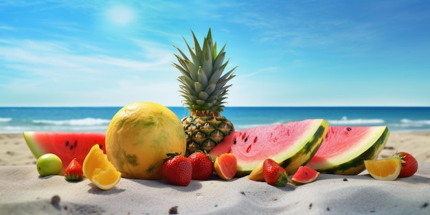 Photo fruits frais pastèque et ananas sur fond de ciel bleu plage tropicale ai générative