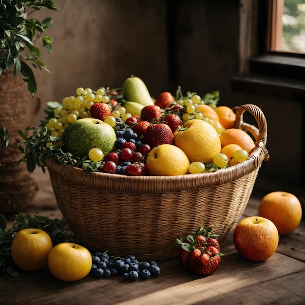 Photo fruits frais et sains dans un panier de paille