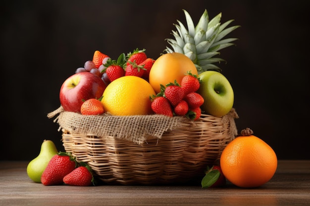 Des fruits frais et sains dans des paniers de paille Des fruits sains frais sur le panier de paille sur un fond sombre
