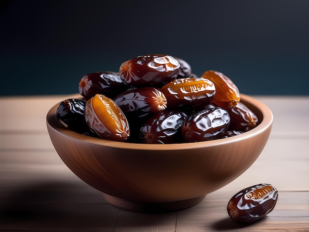 Fruits frais séchés dattes dans un bol sur la table d'Iftar au mois de Ramadan