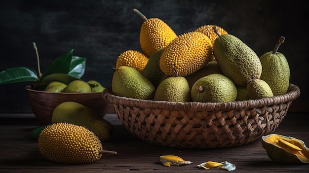 Fruits de jack sur panier de bambou avec ornement de feuilles de fruit de jack et fond flou