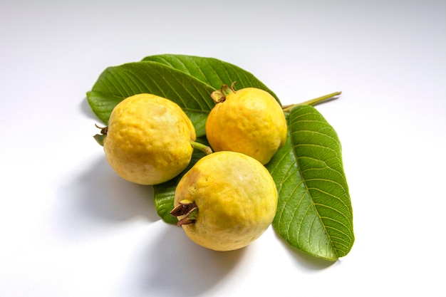 Fruits jaunes mûrs et feuilles de goyave sur fond blanc