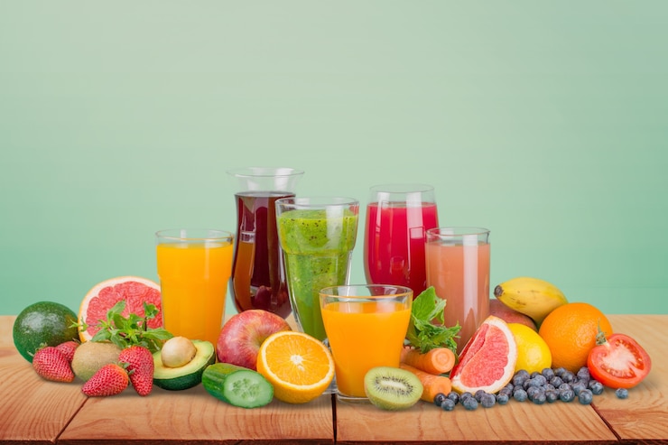 Photo fruits et jus savoureux avec des vitamines sur le fond