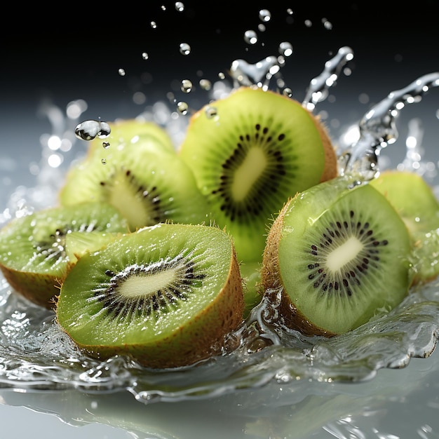 fruits de kiwi tranchés avec des éclaboussures d'eau