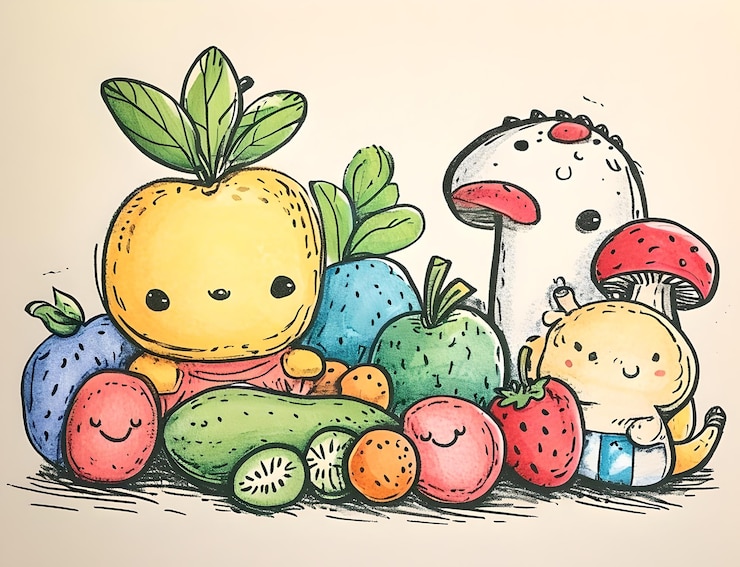 Photo des fruits et légumes adorables avec des personnages mignons dans une scène ludique de la meilleure qualité exquise
