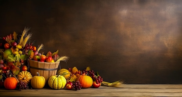 Fruits et légumes d'automne sur une carte de remerciement de table en bois avec espace libre généré par l'IA