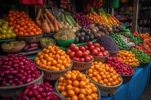 Fruits et légumes aux couleurs vives sur un marché exotique créé avec une IA générative