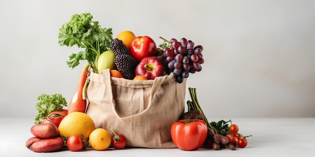 Fruits et légumes biologiques frais dans des sacs écologiques blancs