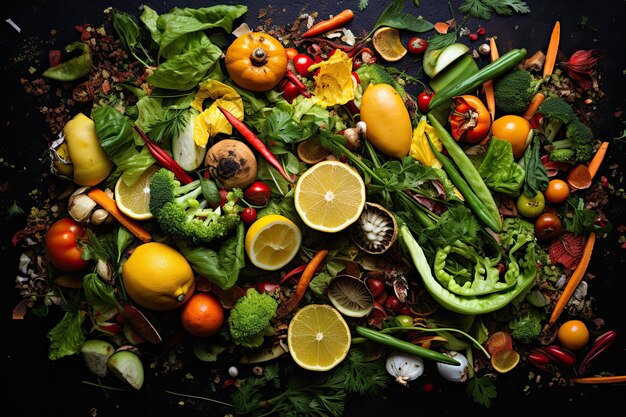 Fruits et légumes biologiques poussant dans le compost vue de dessus à plat