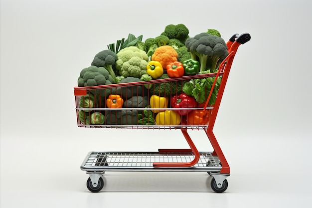 Des fruits et légumes colorés dans un chariot d'achat rempli isolés sur un fond blanc