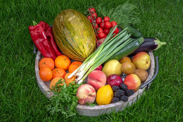 Fruits et légumes dans un plateau en bois sur l'herbe verte, photo de récolte.