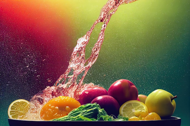 Fruits et légumes avec des éclaboussures d'eau propre