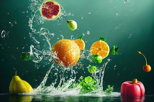 Fruits et légumes avec des éclaboussures d'eau propre