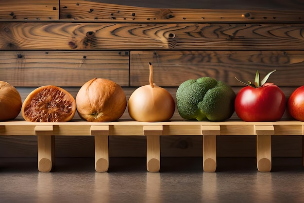 Photo des fruits et des légumes sur une étagère, dont l'une a un autocollant.