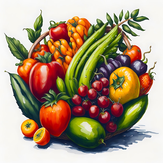 fruits et légumes d'été dans un panier Illustration aquarelle IA générative