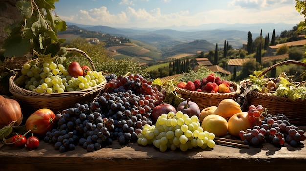 Fruits et légumes sur fond d'un magnifique paysage rural provincial agricole avec des champs d'automne sur les collines Illustration stylisée de l'agriculture écologique générée par l'IA