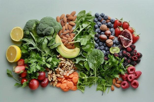Fruits et légumes frais assortis organisés par couleur sur une composition plate