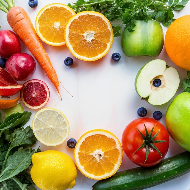 Fruits et légumes frais colorés sur fond blanc carotte oranges bleuets pommes citron tomates concombres