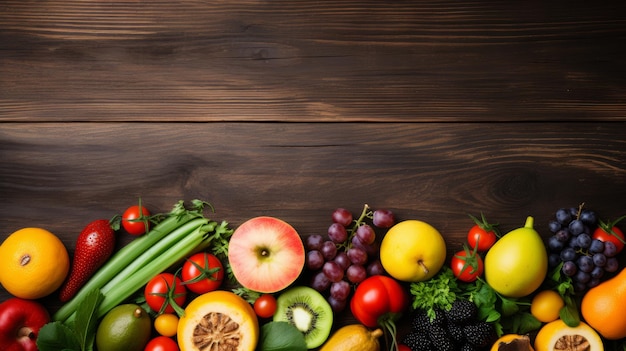 Fruits et légumes frais sur l'espace latéral en bois pour la copie