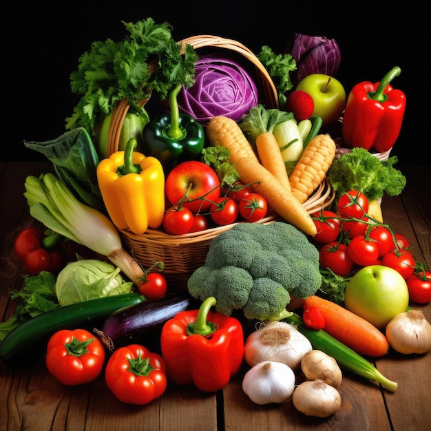 Fruits et légumes frais sur table IA générative