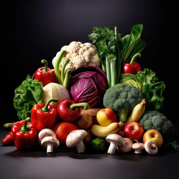 Fruits et légumes frais sur table IA générative