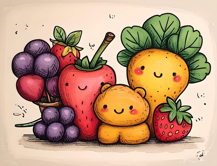 Photo fruits et légumes heureux avec un ours mignon illustration de dessin animé coloré pour fond de papier peint