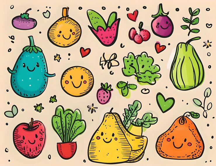 Photo fruits et légumes heureux personnages de dessins animés pour enfants éducation décorations de classe ou fête
