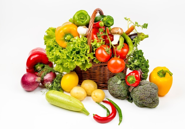 Fruits et légumes isolés sur fond blanc. Nourriture végétalienne et concept de régime alimentaire sain.